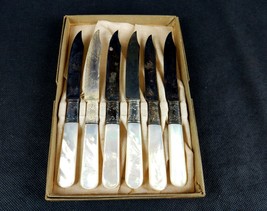 Set of 6 Antique Dinner Knives, MOP Handles, Sterling Collars, w/Original Box - £69.11 GBP