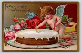 Birthday Greetings Cherub With Candles And Cake Emb Unp Postcard U29 - $7.95