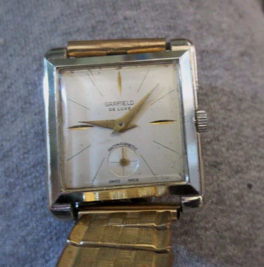 Vintage Garfield De Luxe Manual Wind Swiss Made square Watch parts/repair - $13.99