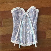 Blue Pink Satin Lace Up Boned Corset Bustier Top XS Floral Ribbon - £21.08 GBP