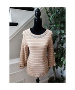 Coldwater Creek Beige Striped Sweater Women S 8 Beaded Neckline Cotton Knit - $36.67 CAD