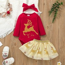 NEW Christmas Baby Girls Gold Reindeer Bodysuit Tutu Skirt Outfit Set - £6.73 GBP