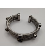 Silver Tone Three Strand Black Faceted stone Twisted Cuff Bracelet - £5.45 GBP