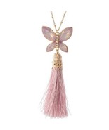 Crystal Butterfly Tassel Necklace - Pink Lavender - $288.25 MXN