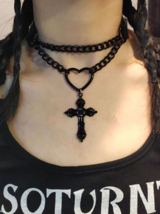 Gothic Black Cross Heart Choker Necklace - £7.44 GBP