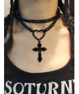 Gothic Black Cross Heart Choker Necklace - £7.47 GBP