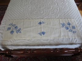 UNUSED Handmade BLUE WORK FLORAL Cross Stitch LINEN Runner/Scarf- 14&quot; x ... - $13.86