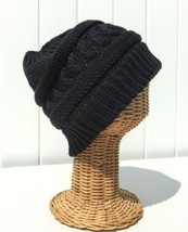 Horizontal Braided Kint High Bun Beanie Hat Recycled Polyester Soft Black #W For - £14.37 GBP