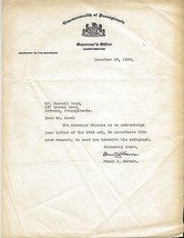 Signed 1928 Letter from John Stuchell Fisher Governor Pennsylvania&#39;s Sec... - £23.25 GBP