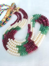 Natural Emerald, Ruby and Pearl Round Beads Necklace, Precious Beads Necklace - £456.23 GBP