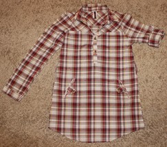 Chocolate Check Plaid Rolled Up Long Sleeve Top Tunic Shirt Pockets Buttons M S - £7.11 GBP