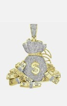 10K Jaune Plaqué Or Imitation Diamant Monnaie Sac Piles Pendentif 1.85 &quot; 3Ct - £198.23 GBP
