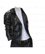 New Woman&#39;s Black Silver Studded Brando Style Cowhide Biker Leather Jack... - $289.99