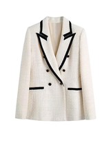 ZA 2022 Women Tweed Blazer Jacket Contrast Piping Coat Vintage Long Sleeve Femal - £92.07 GBP