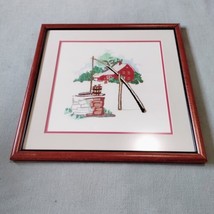 Vtg Needlework Embroidery Art Framed Red Farm House/Barn Well 18.75&quot; Square  - £24.09 GBP