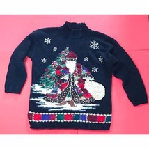 Vintage Ugly Christmas Sweater Medium Santa Claus Snowflakes Sequins Ornate - £15.56 GBP
