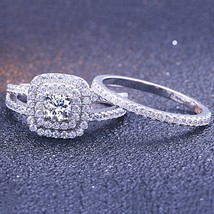 Luxury Women Ring Set Pure 925 Sterling Silver Square Zircon Wedding Engagement  - £27.05 GBP