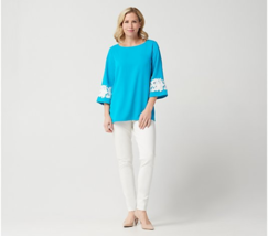 Linea by Louis Dell&#39;Olio Pullover Top Lace Applique Sleeve Blue/White 6 A347453 - £17.46 GBP