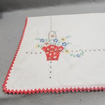 Vintage Handmade Appliqued &amp;  Embroidered Red Basket of Flowers Table Topper  - £13.47 GBP