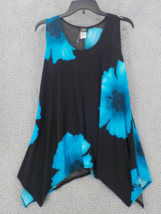 JOSTAR SLEEVELESS TUNIC TANK TOP SZ L BLACK BLUE HIBISCUS POINT HEM SPAN... - £23.91 GBP