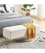White Sherpa Fabric Upholstered End of Bed Storage Bench with Gold Finis... - $386.36 CAD