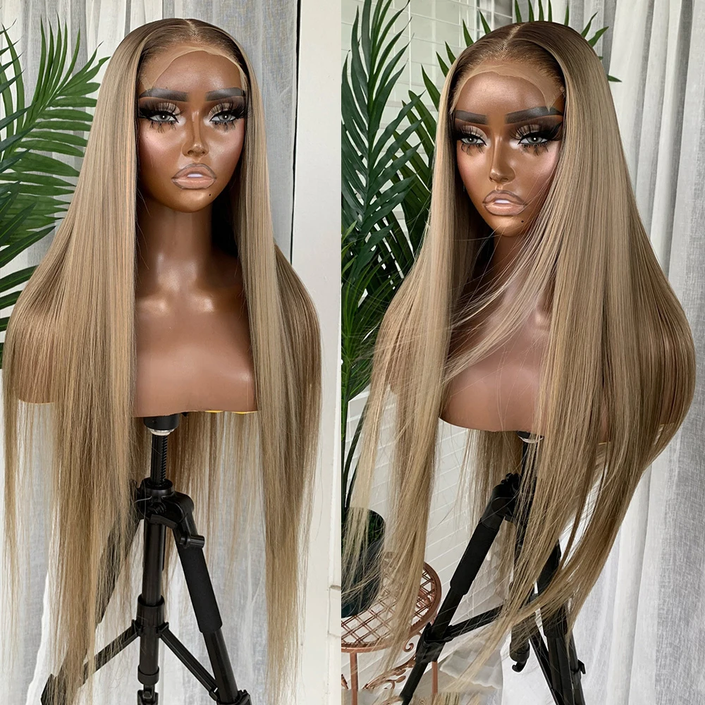 Ombre Ash Blonde Colored Straight 13x6 Lace Front Wig Brazilian Human Hair - £130.26 GBP+