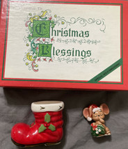 Vintage Lefton Christmas Mouse Santa Hat Porcelain 2” Japan &amp; BOOT &amp; FREE CARDS - £15.76 GBP