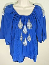Style &amp; Co Petite Peasant Blouse Blue Silver Beads Embroidery Short Slee... - £7.10 GBP