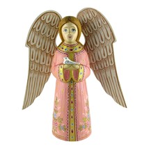 Carved Angel Gold and Pink Figure 6.7&quot; Russian Hand Made Linden Christmas - $66.36