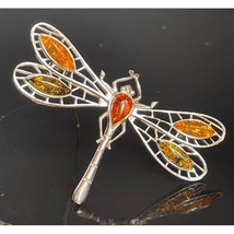 925 Sterling Silver And Amber Dragonfly Brooch Sky - $48.91