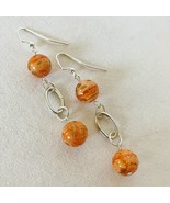 Orange Swirl Earrings Ceramic Beaded Silvertone Metal Oval Hoop Handcraf... - $30.00
