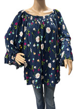 Terra &amp; Sky Womens Blue Floral 3/4 Bell Sleeve Smocked Neckline Pullover Blouse - £11.07 GBP