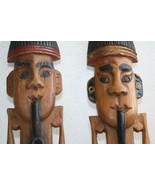 Pair of Wooden Hand Carved and Painted Pipe Smoker Mask Wall Hanging 40c... - £61.84 GBP