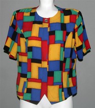 Kathy Che Colorblock Bright Colorful Squares Short Sleeve Button Blouse Wm&#39;s 14P - £17.57 GBP