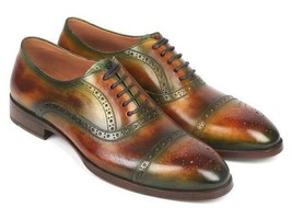 Paul Parkman Mens Shoes Oxford Green Brown Cap Toe Handmade 266GB79 - $399.99