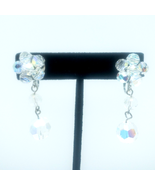 Vintage Aurora Borealis Clear Beaded Dangle Clip-On Earrings Faceted 1.75&quot; - $274.84 MXN