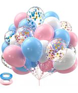 60pcs Pink Blue White Balloons with Confetti and Ribbon for Birthday Baby Shower