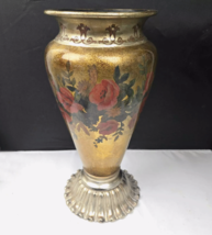 Vintage Gold Metal Floral Vase Tung Chi Hand Painted Pedestal Base Large 11.5&quot; - £71.01 GBP