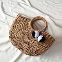 New Summer Handmade Bags Women Pompon Beach Weaving Ladies Straw Bag Wrapped Bea - £80.26 GBP