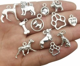 10 Dog Charms Puppy Pendants Assorted Charms Lot Paw Print Antiqued Silver Mix* - £3.31 GBP