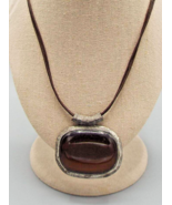 Chico&#39;s Faux Smokey Quartz Opaque Glass Pendant Leather Chain 20&quot; Necklace - $19.22 CAD