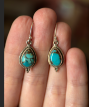 Genuine Blue Copper Turquoise 925 Sterling Silver Dangle Drop Earrings India - $41.14