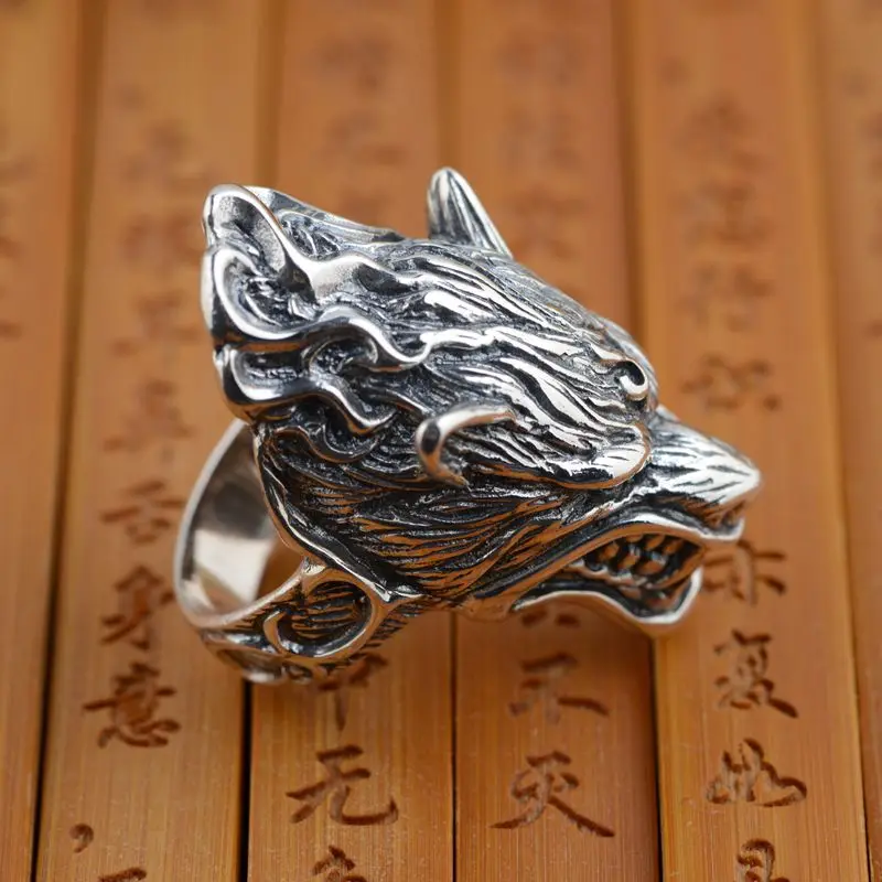 S925 sterling silver ring antique silver wolf retro style unique male style gift - £59.94 GBP