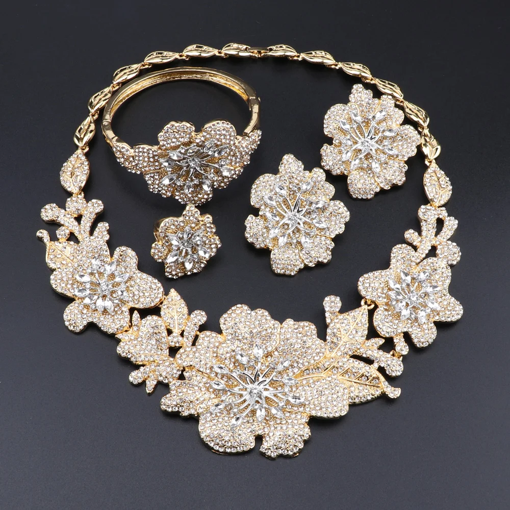 Women&#39;s Wedding Bridal Crystal Multi Flower Cluster Statement Necklace Dangle Ea - £57.49 GBP