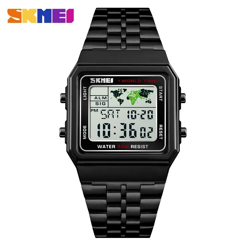 1338 Men Alarm Clock 3Bar Waterproof Stainless Steel Strap Digital Watch... - $22.91