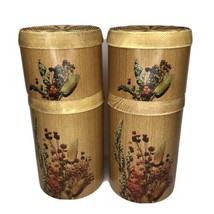 Cheinco Tin Canister Set Faux Wicker Weave Wood Grain Floral USA Vintage... - £13.94 GBP