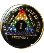1 Year AA Medallion Black Tri-Plate Rainbow Swarovski Crystal Sobriety Chip - $21.99
