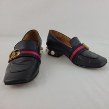 Gucci Black Leather Shoes Womens 7 37  Peyton Mid Heel Loafer Pearl Embellished - £296.67 GBP