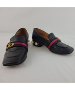 Gucci Black Leather Shoes Womens 7 37  Peyton Mid Heel Loafer Pearl Embellished - £290.96 GBP