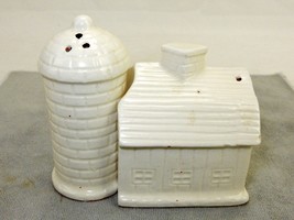 Country Salt &amp; Pepper Shakers, Porcelain Barn &amp; Silo, Farm House Table Ware - £15.58 GBP